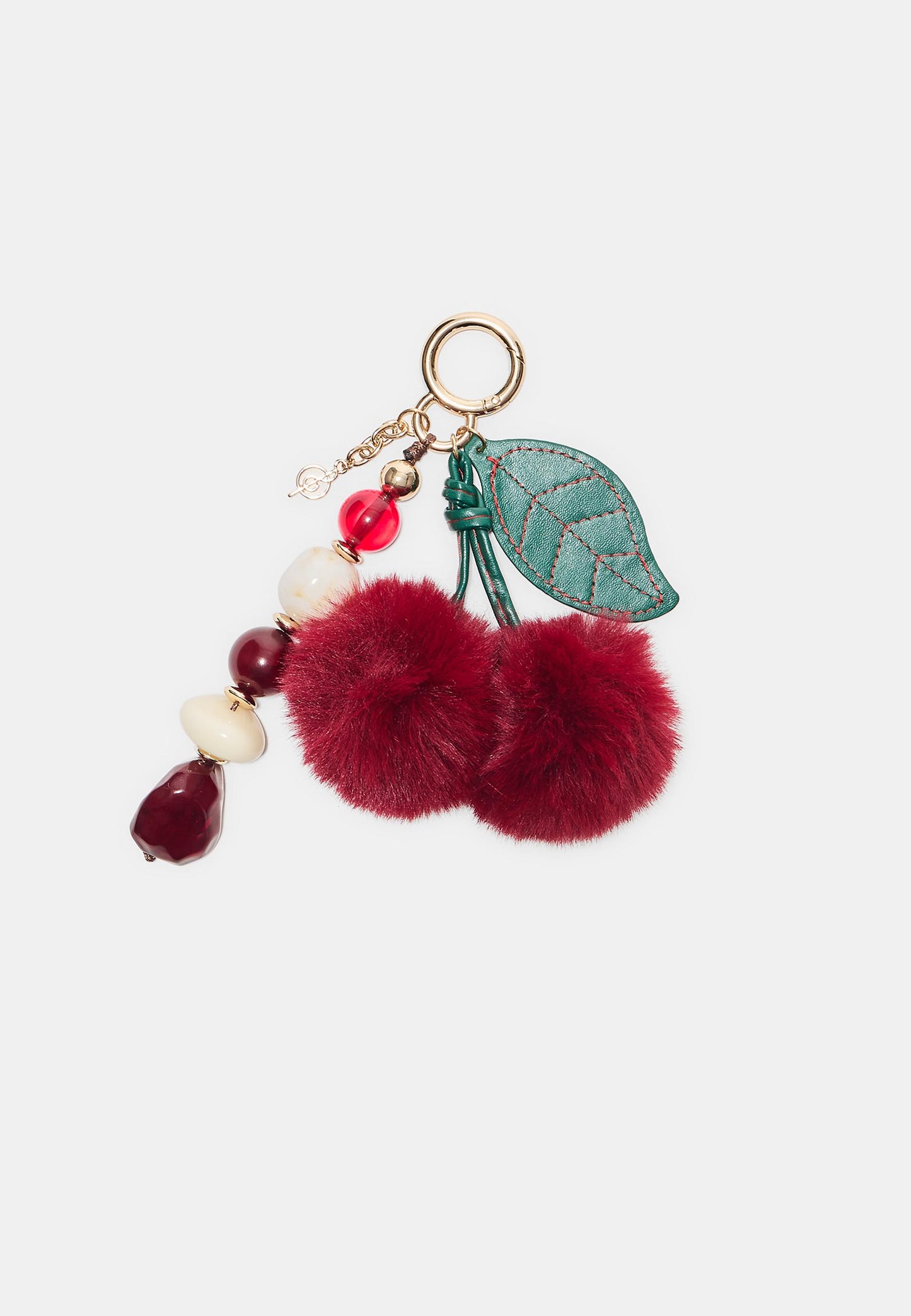 Red Cherry Pom-Pom & Bead Keychain with Green Leather Leaf