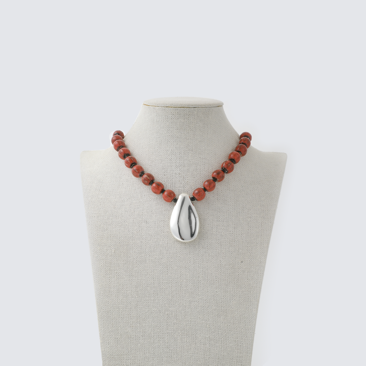 Red Round Bead & Silver Teardrop Pendant Necklace