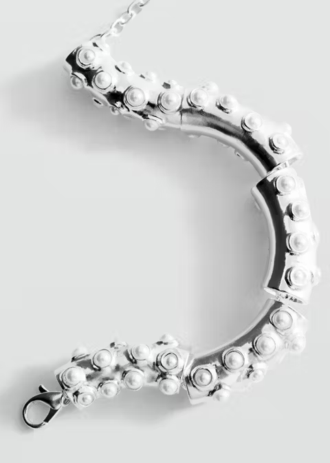 Segmented Silver Imitation Pearl Chunky Chain Bracelet