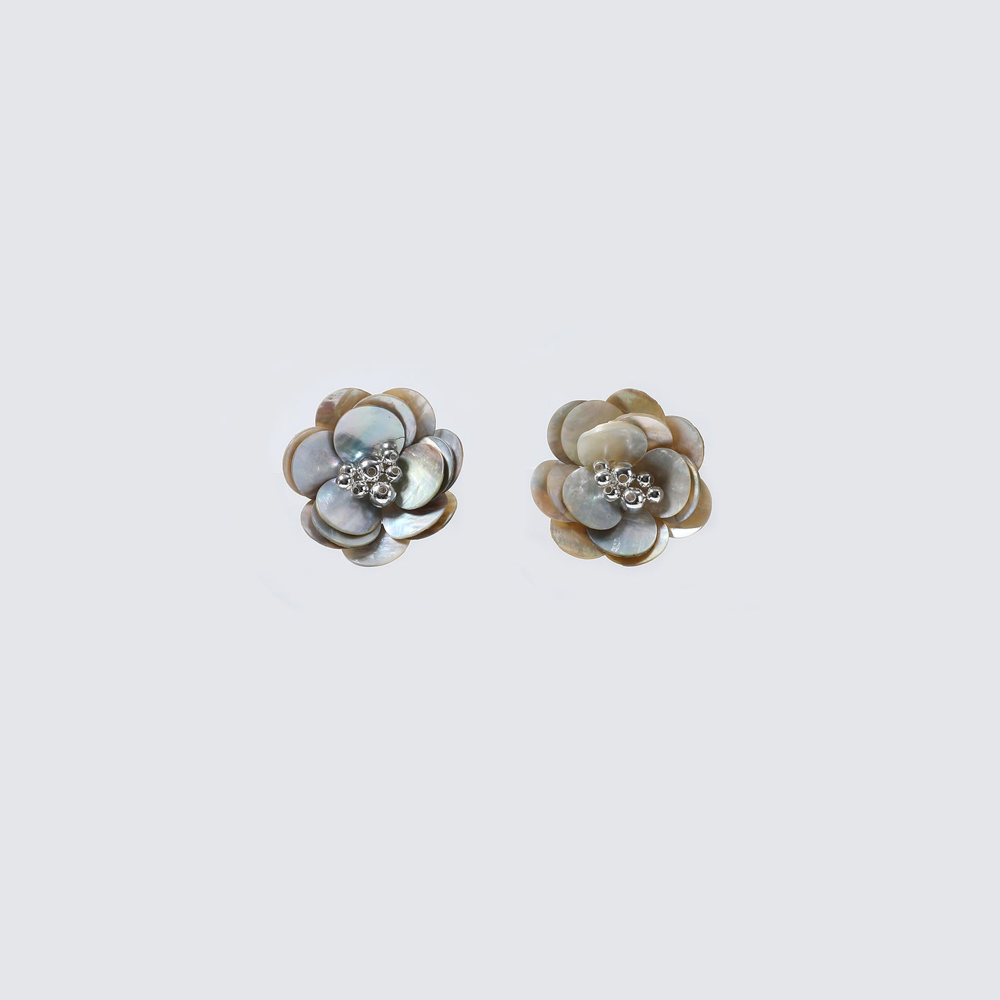 Silver Mother-of-Pearl Camellia Flower Stud Earrings