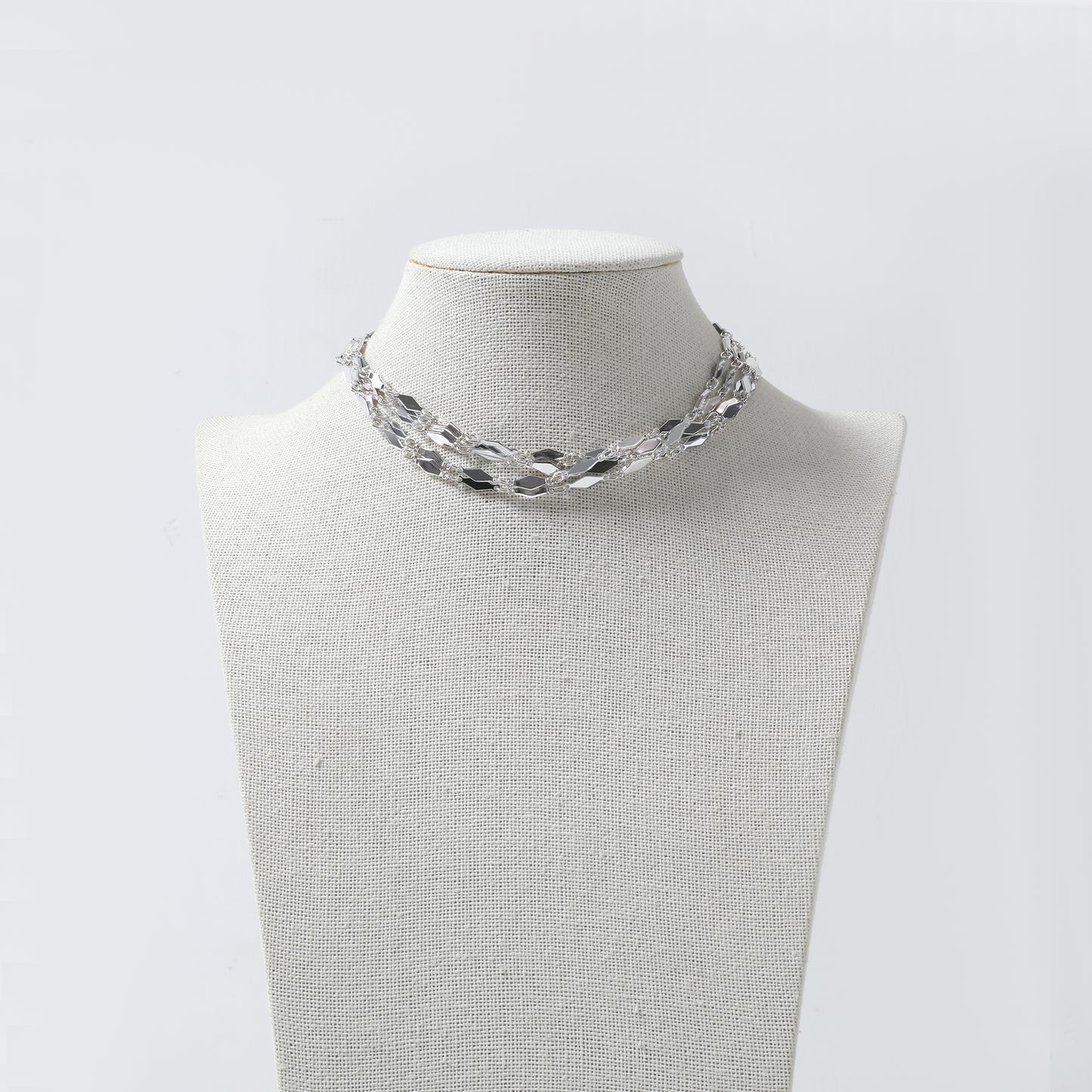 Silver Multi-Layer Geometric Chain Choker Necklace