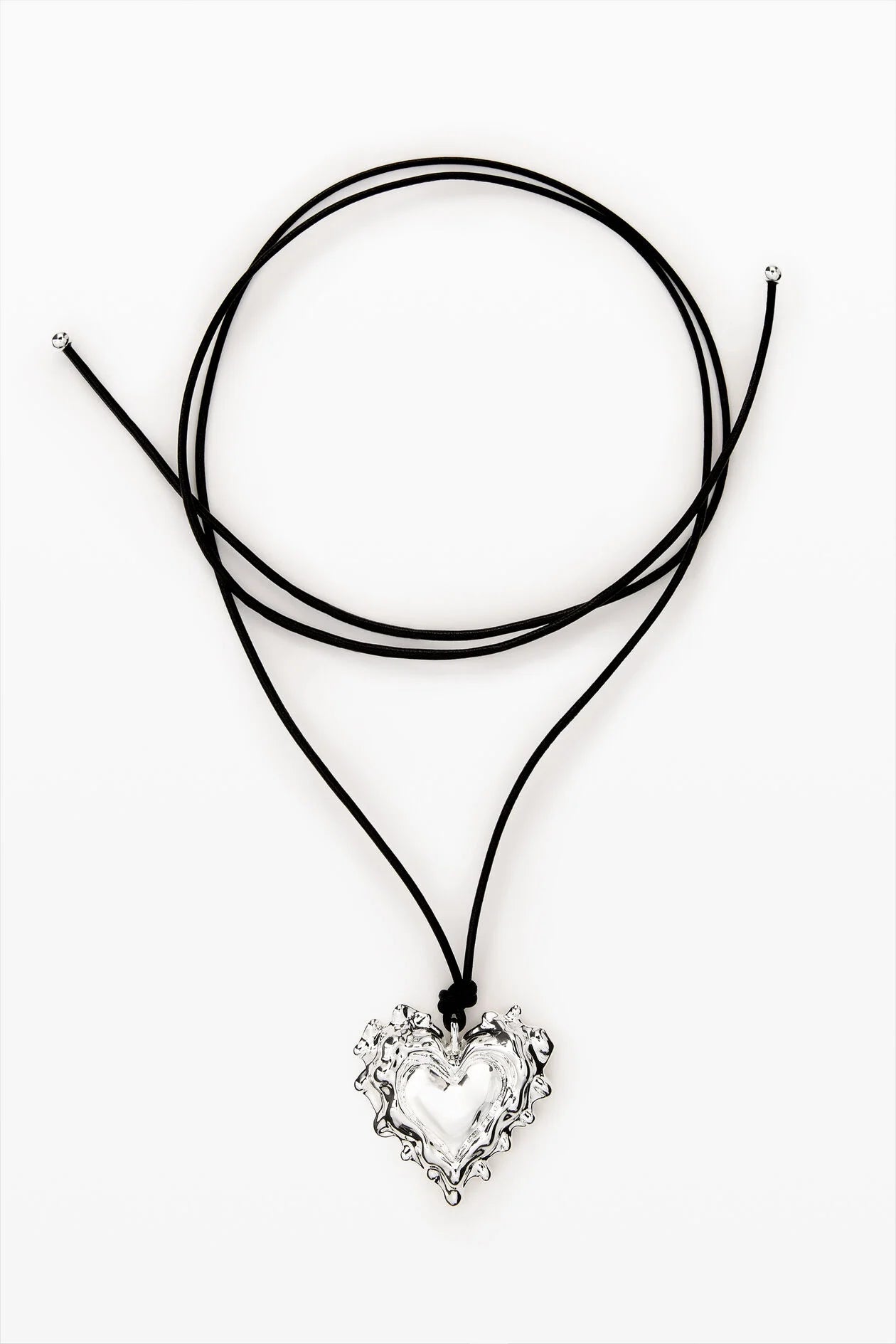 Silver Sculptural Heart Pendant Cord Necklace with Black Cord