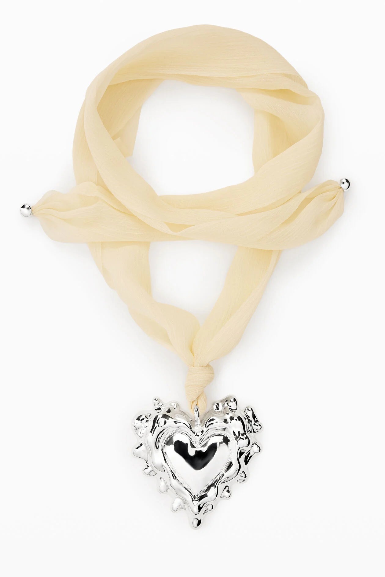 Silver Sculptural Heart Pendant Scarf Necklace