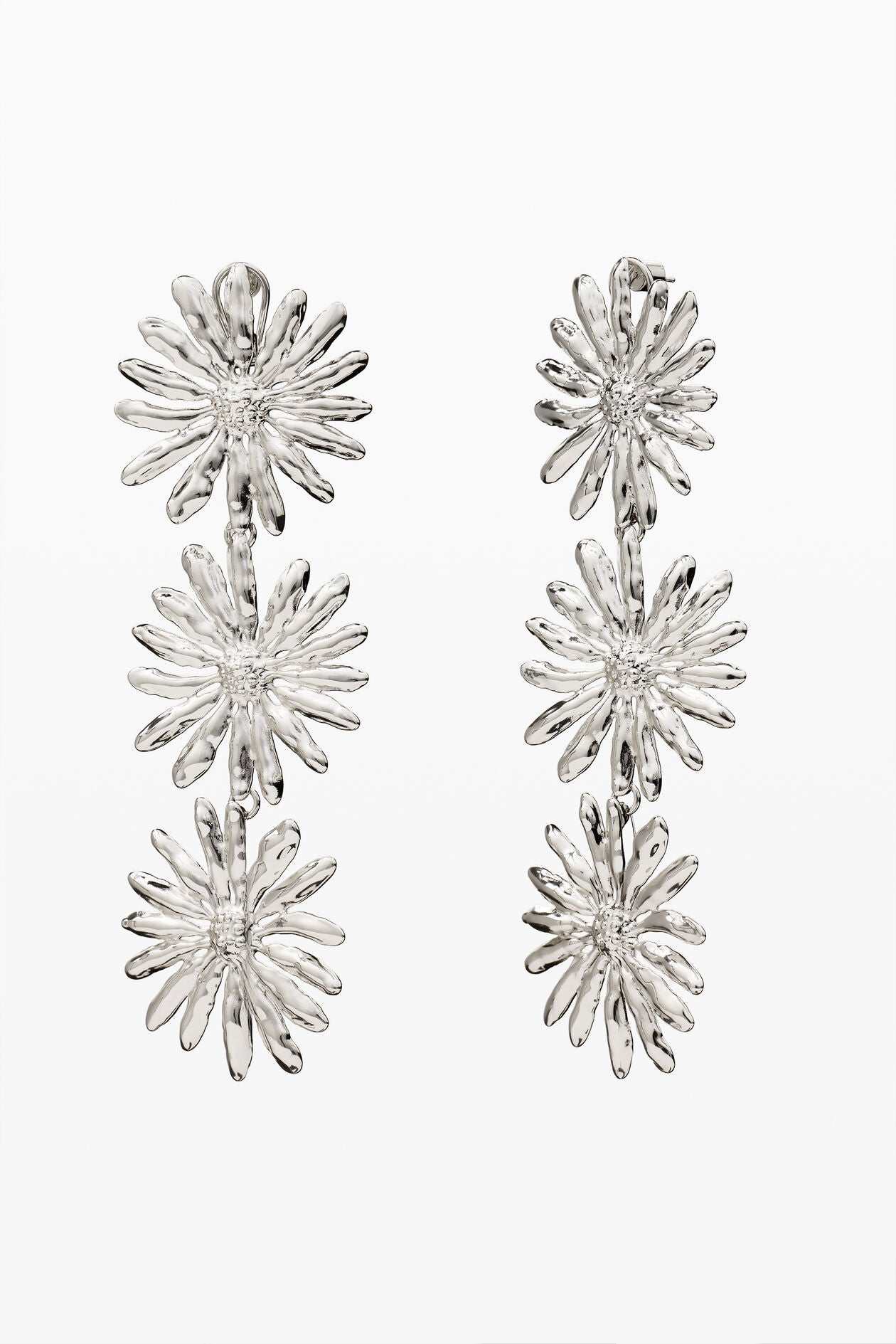 Silver Triple Daisy Linear Drop Earrings