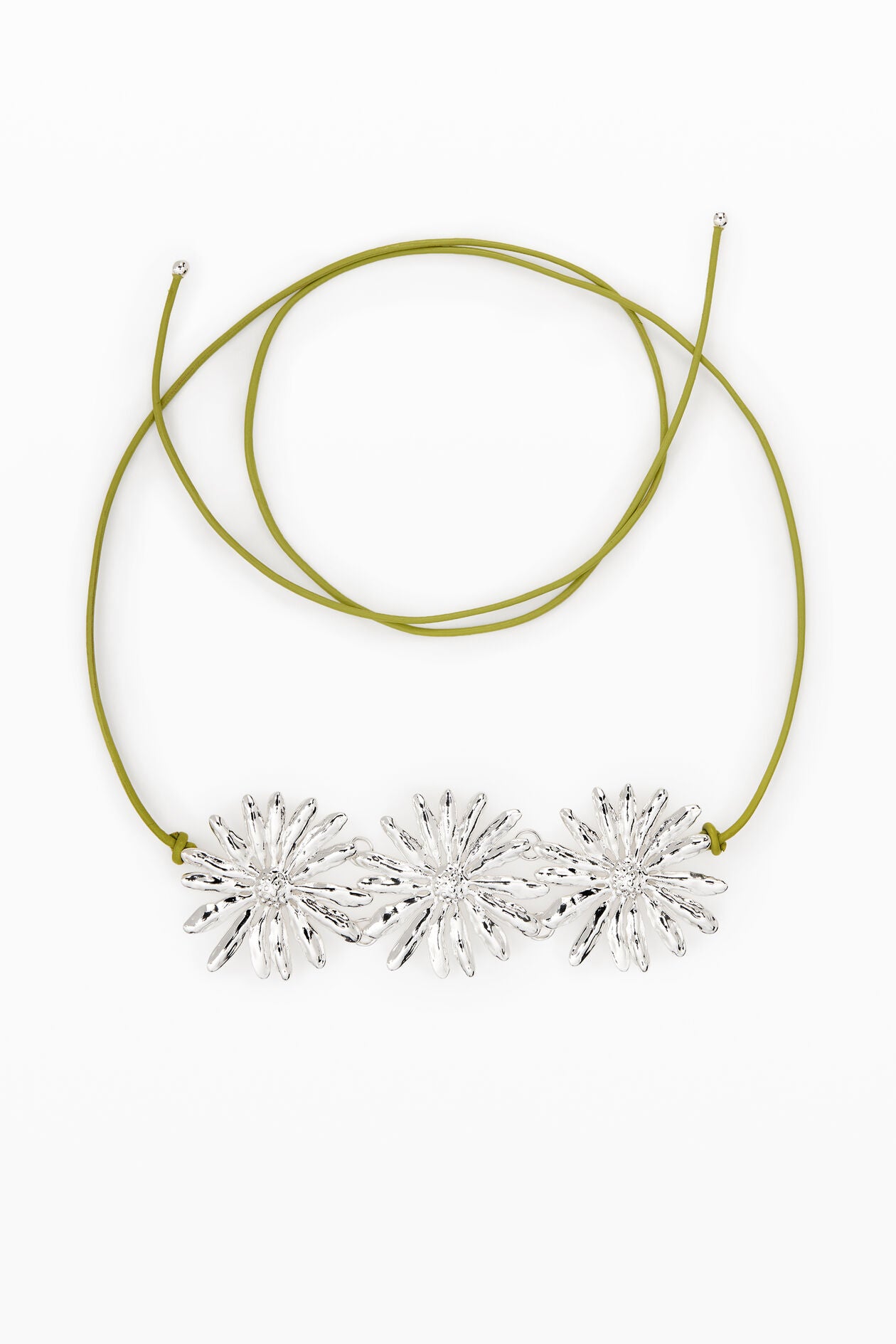 Silver Triple Daisy Pendant Cord Necklace with Olive Green Cord