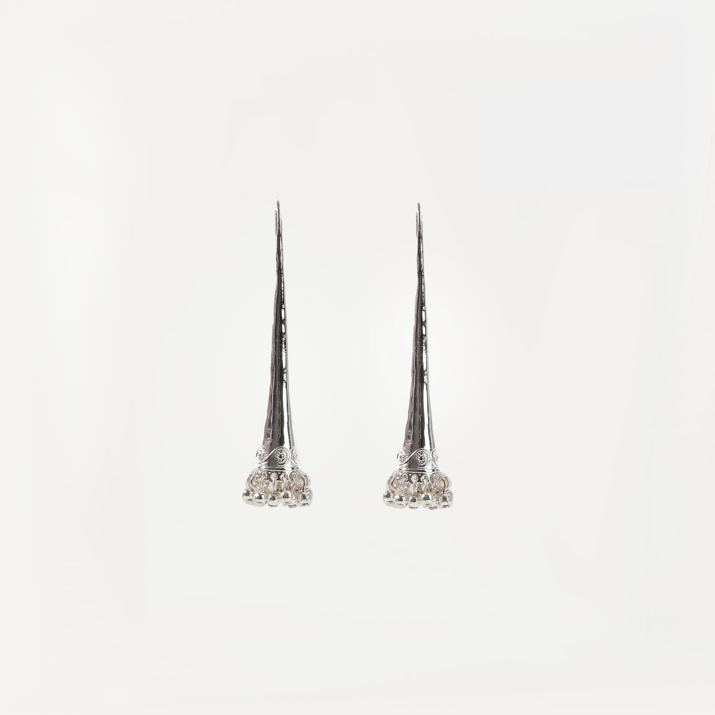 Silver cone-shaped drop earring with beaded fringe detail