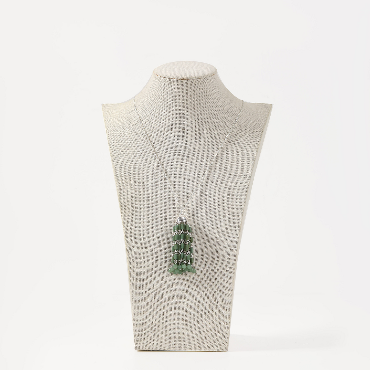 Silver green aventurine beaded tassel pendant necklace