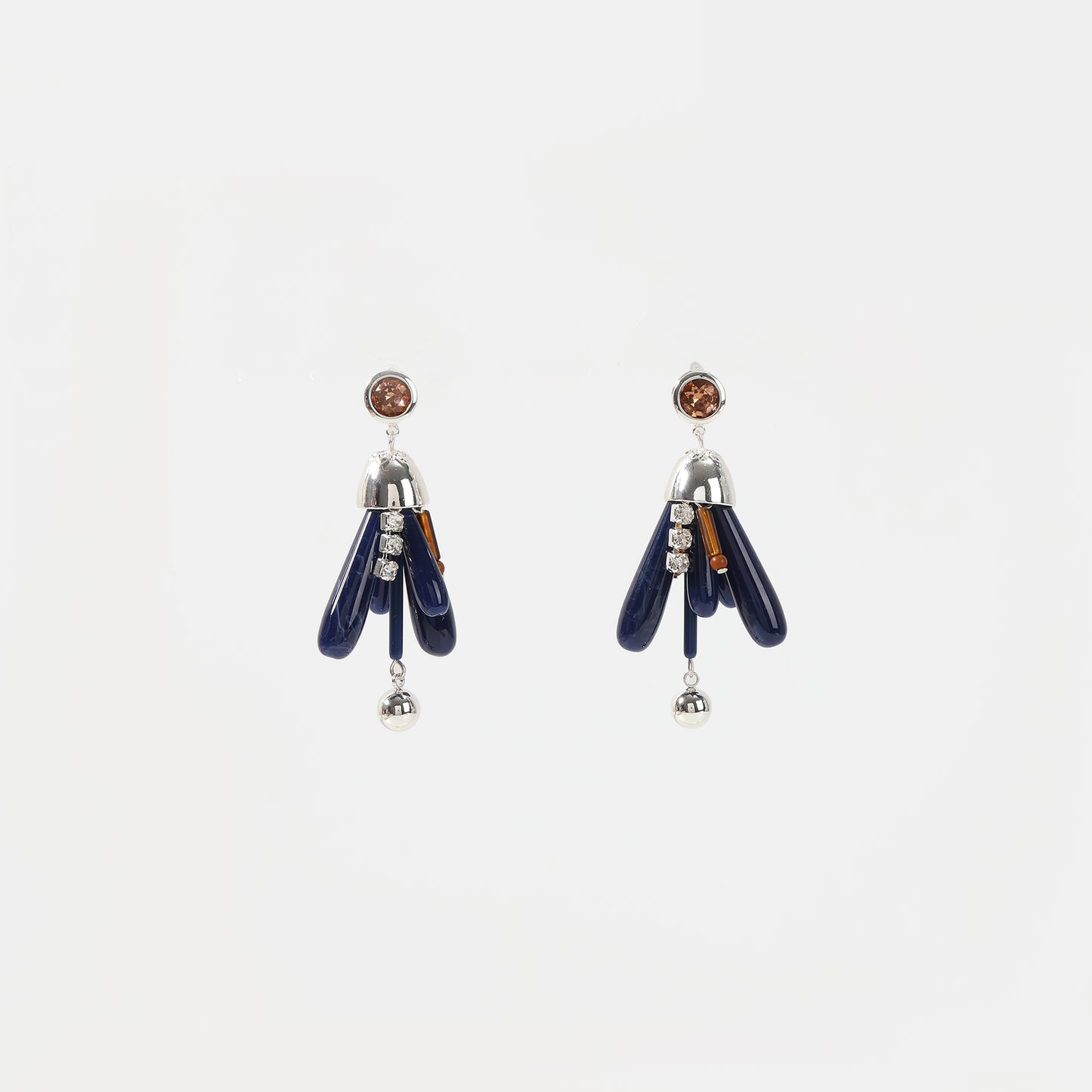 Silver navy blue bead and crystal tassel drop earrings
