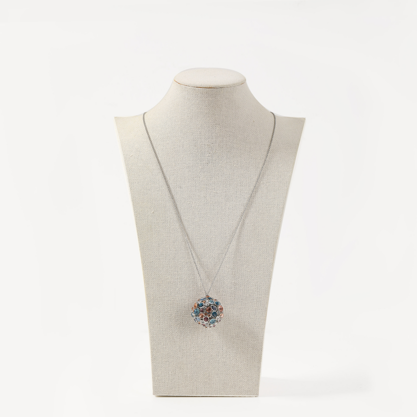 Silver necklace with multi-color crystal sphere pendant