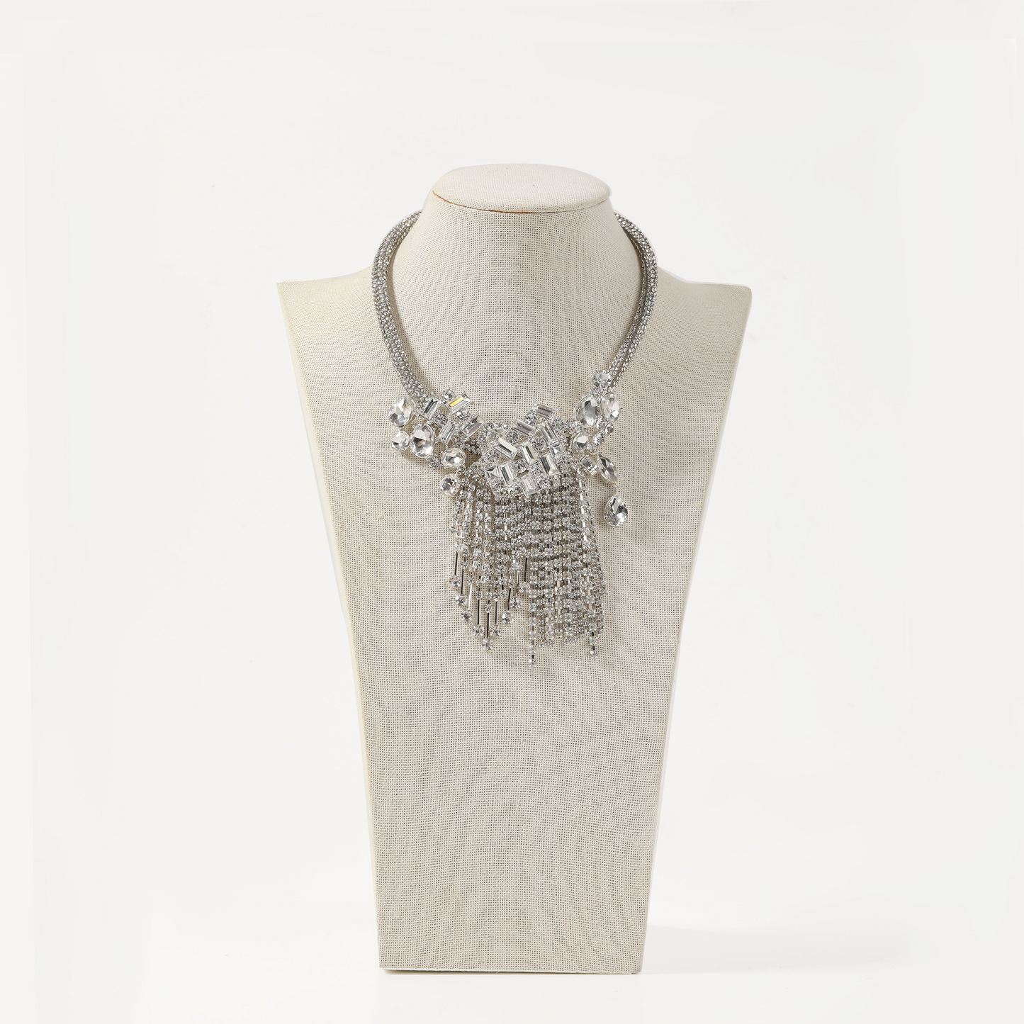 Silver statement necklace with clear crystal tassel pendant