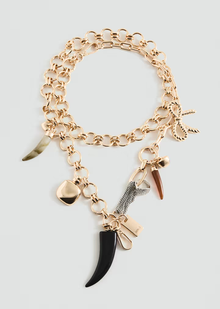 Thick Cable Chain Multi-Charm Horn Pendant Gold Bracelet