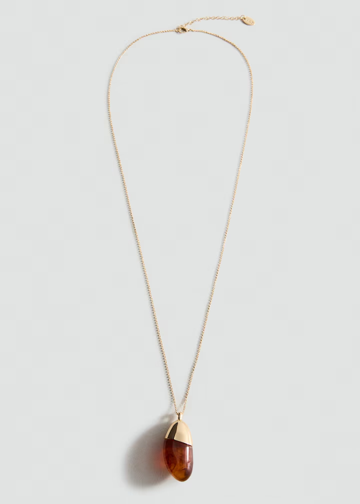 Thin Snake Chain Gold Cap Amber Teardrop Pendant Long Necklace