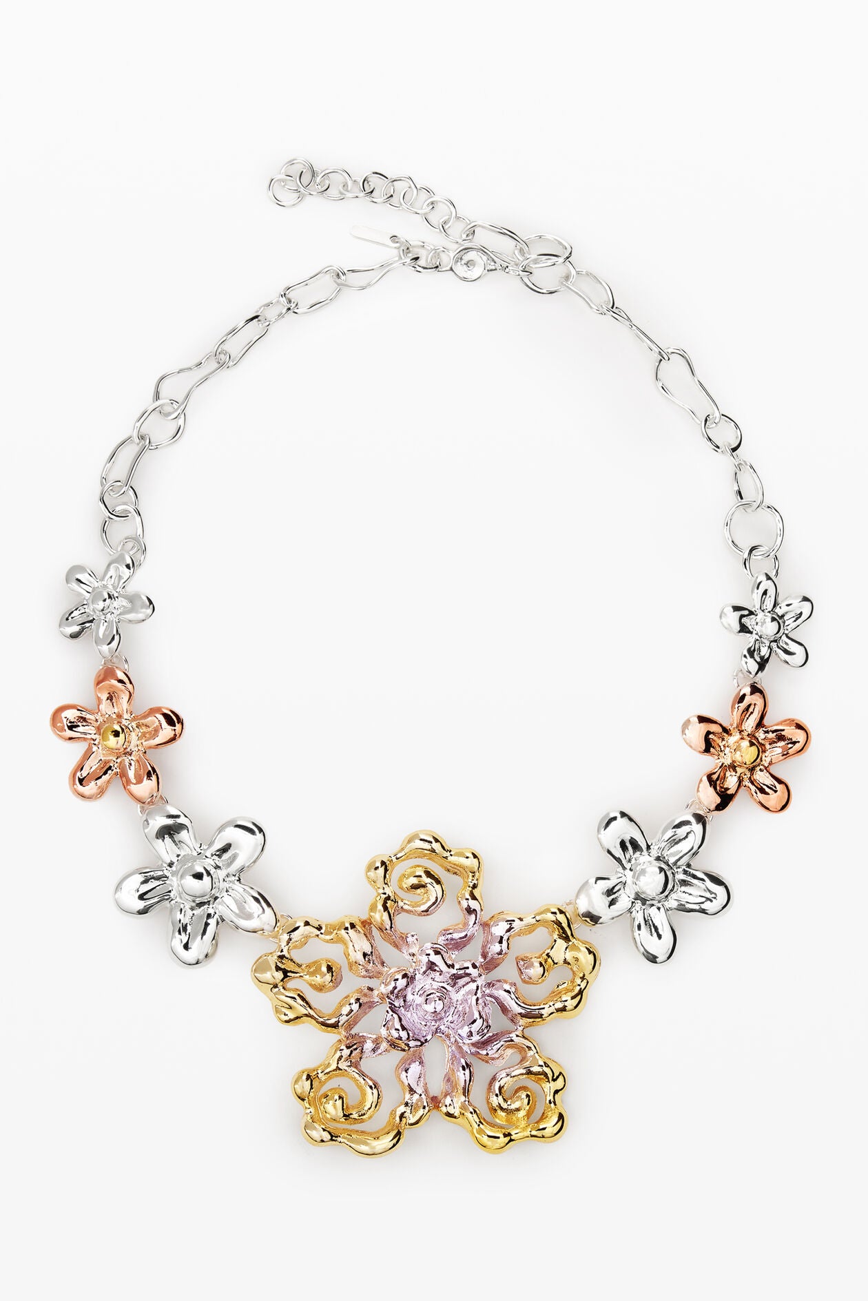 Tri-Tone Floral Statement Necklace (Gold, Silver, Rose Gold)