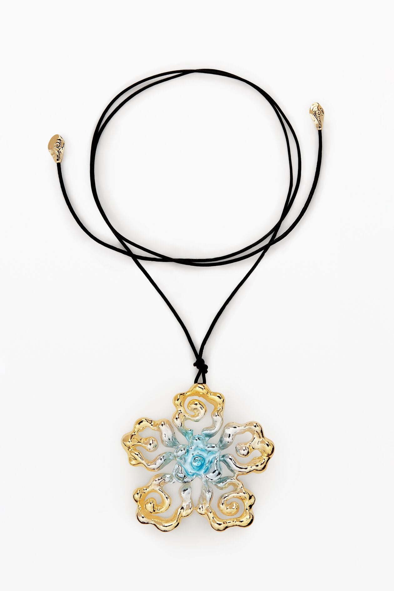 Tri-Tone Swirl Floral Pendant Cord Necklace (Gold, Silver, Blue)