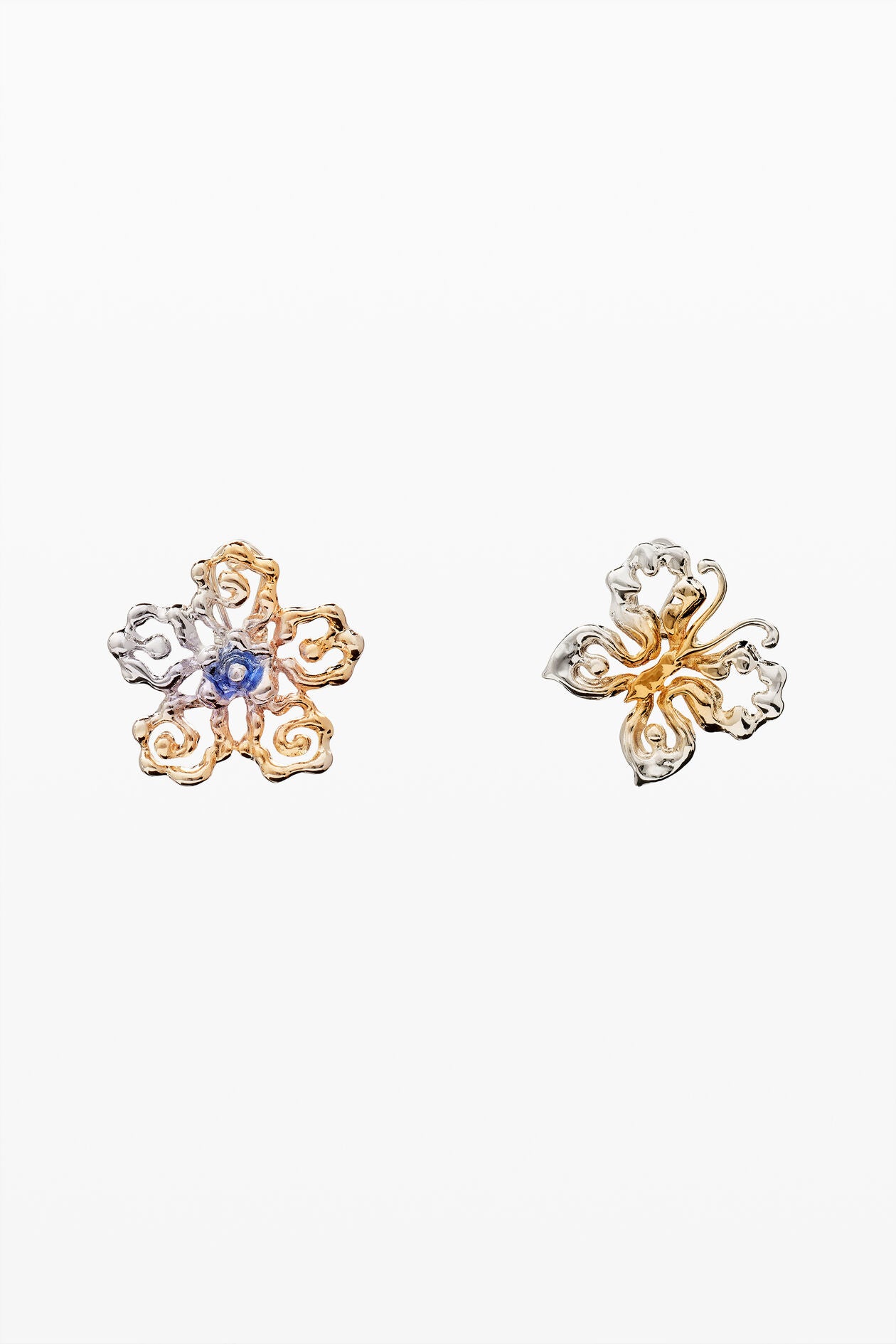 Tri-Tone Swirl Floral Stud Earrings with Blue Crystal Accent