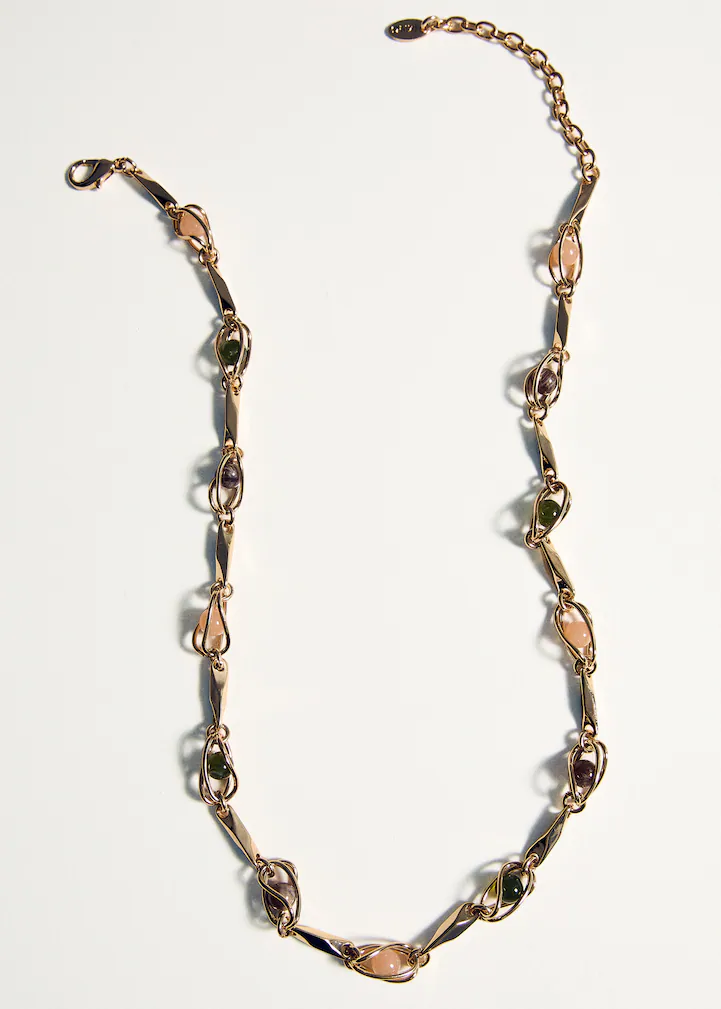 Twist Wire Wrapped Multi-Colour Natural Bead Linked Chain Necklace