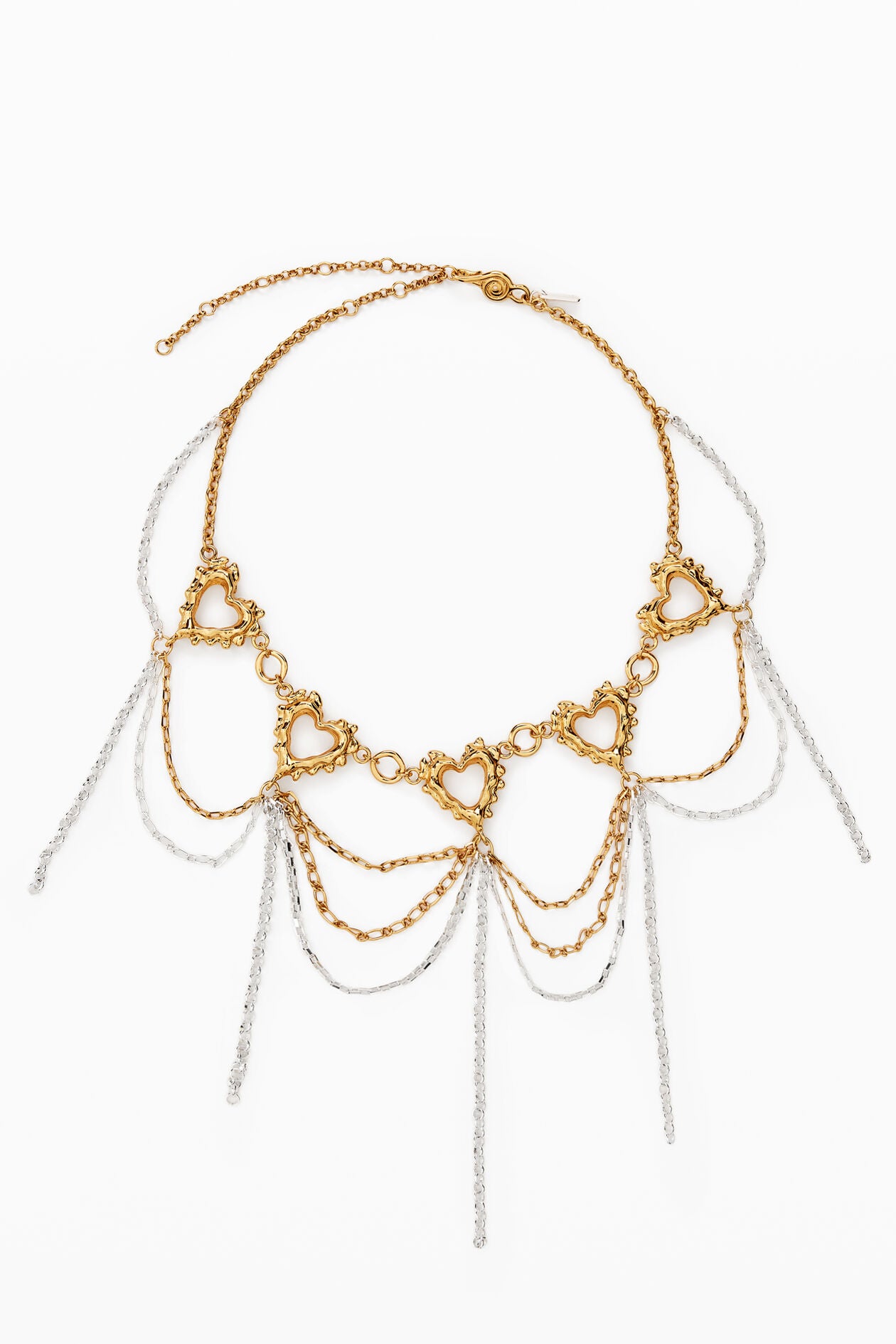 Two-Tone Heart & Chain Fringe Statement Necklace (Gold & Silver)