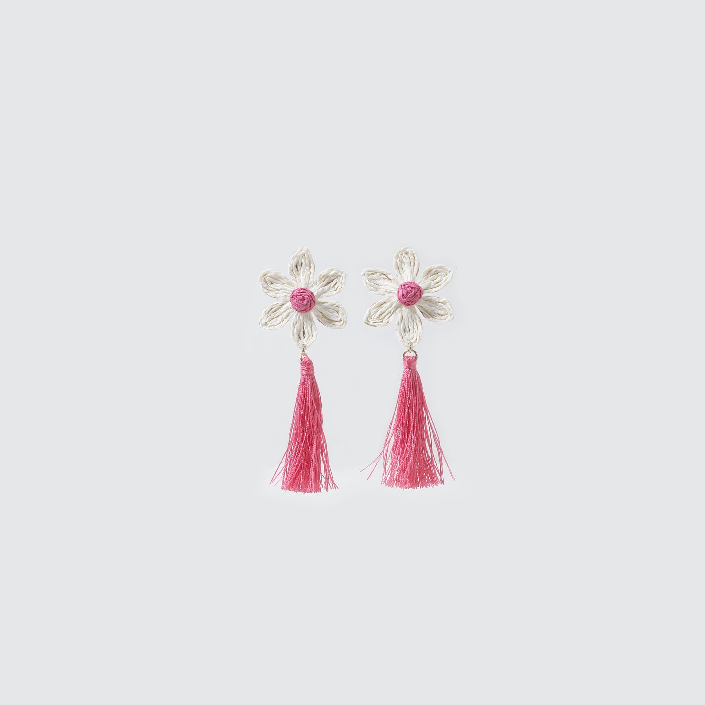 White Crochet Flower & Pink Tassel Drop Earrings