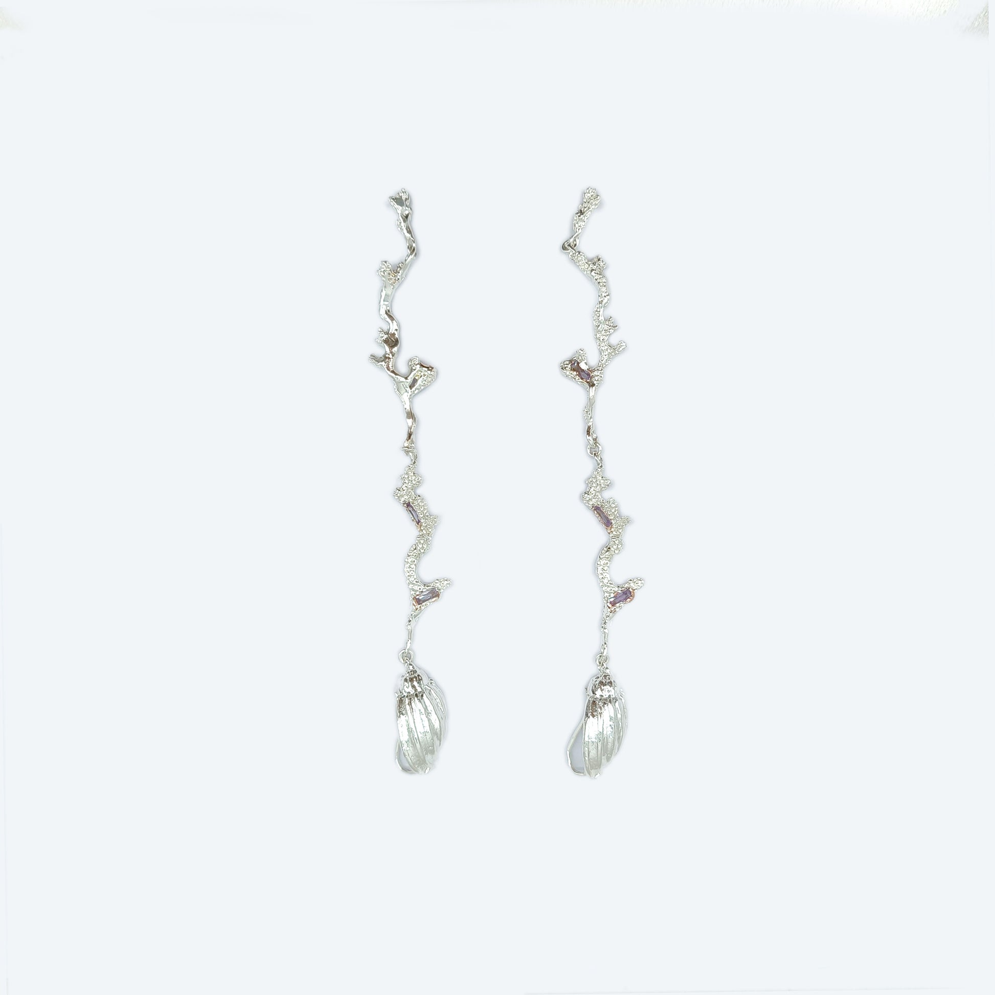 Silver plated coral shell long dangle earrings with cubic zircon inlaid