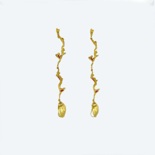 Gold plated coral shell long dangle earrings with cubic zircon inlaid