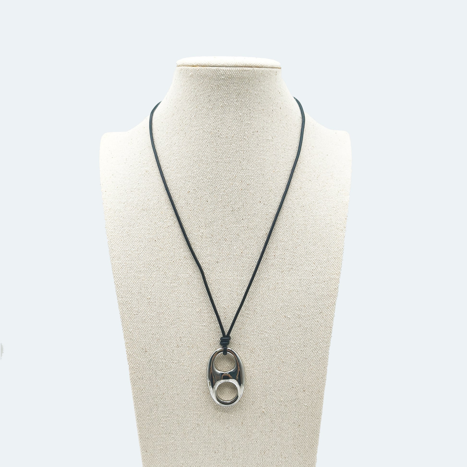 Leather necklace cord with rhodium pendant