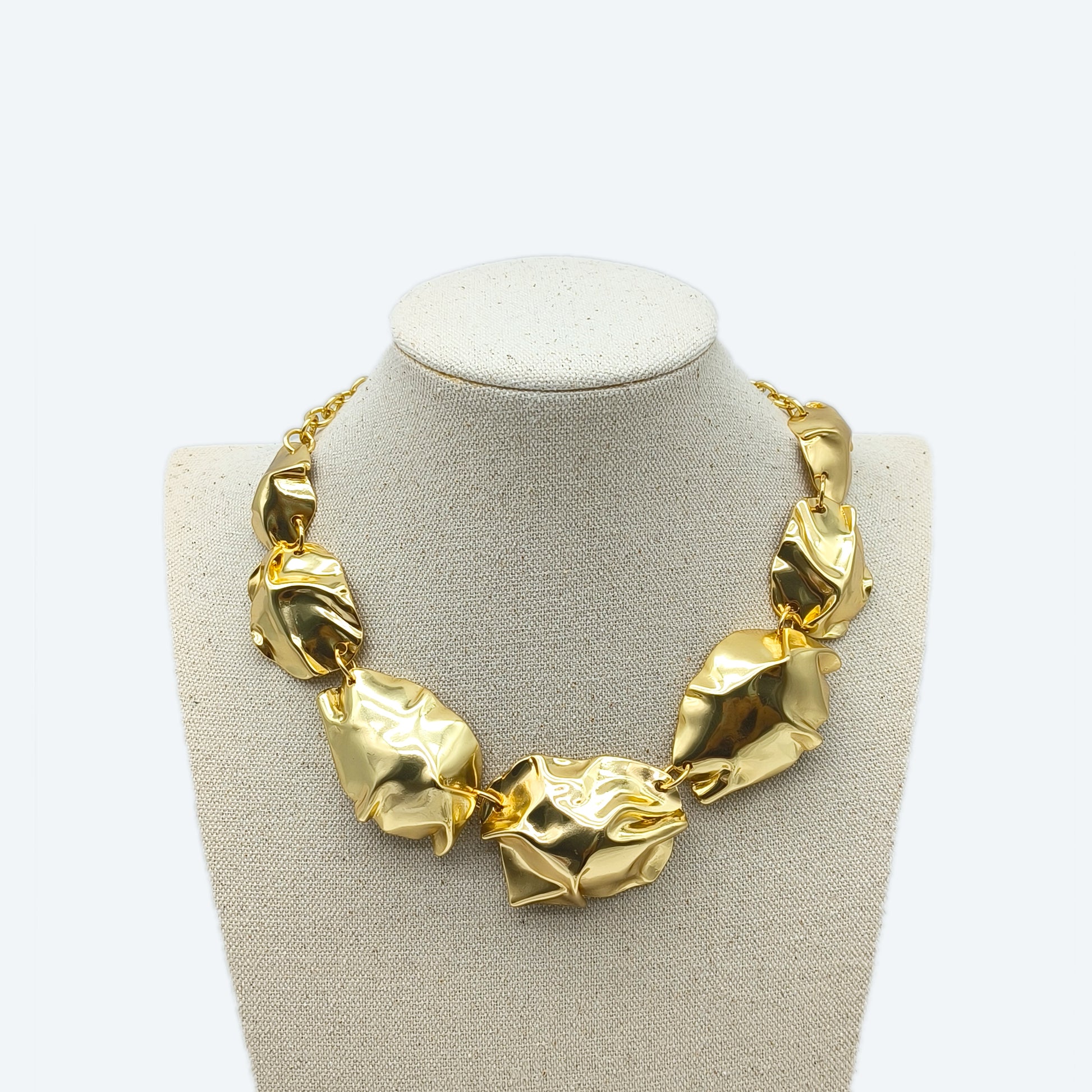 Woman's jewelry - Gold plated textured statement metal necklace