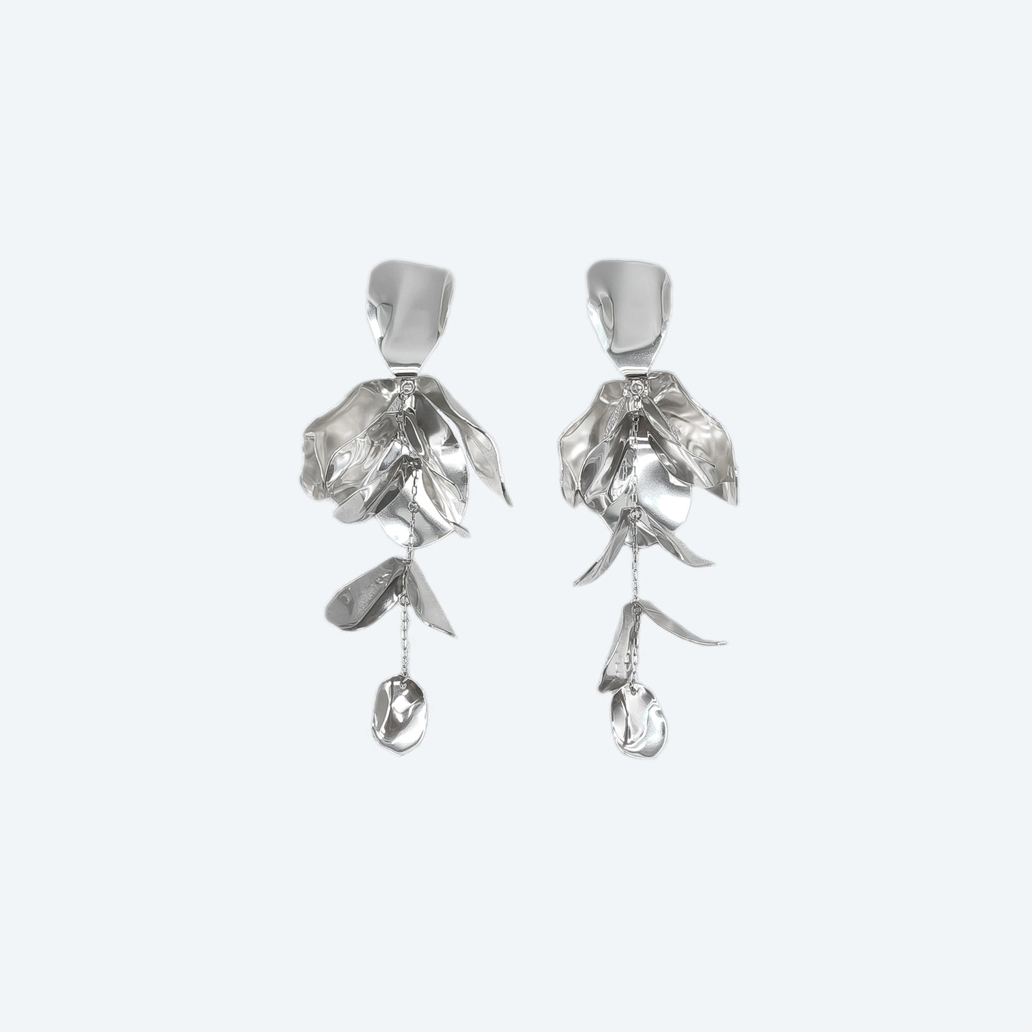 Silver plated textured long leaf dangle stud earring