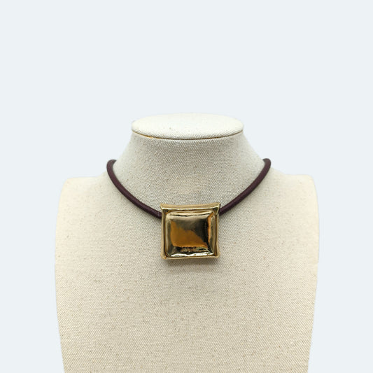 Square pendant necklace with leather cord choker