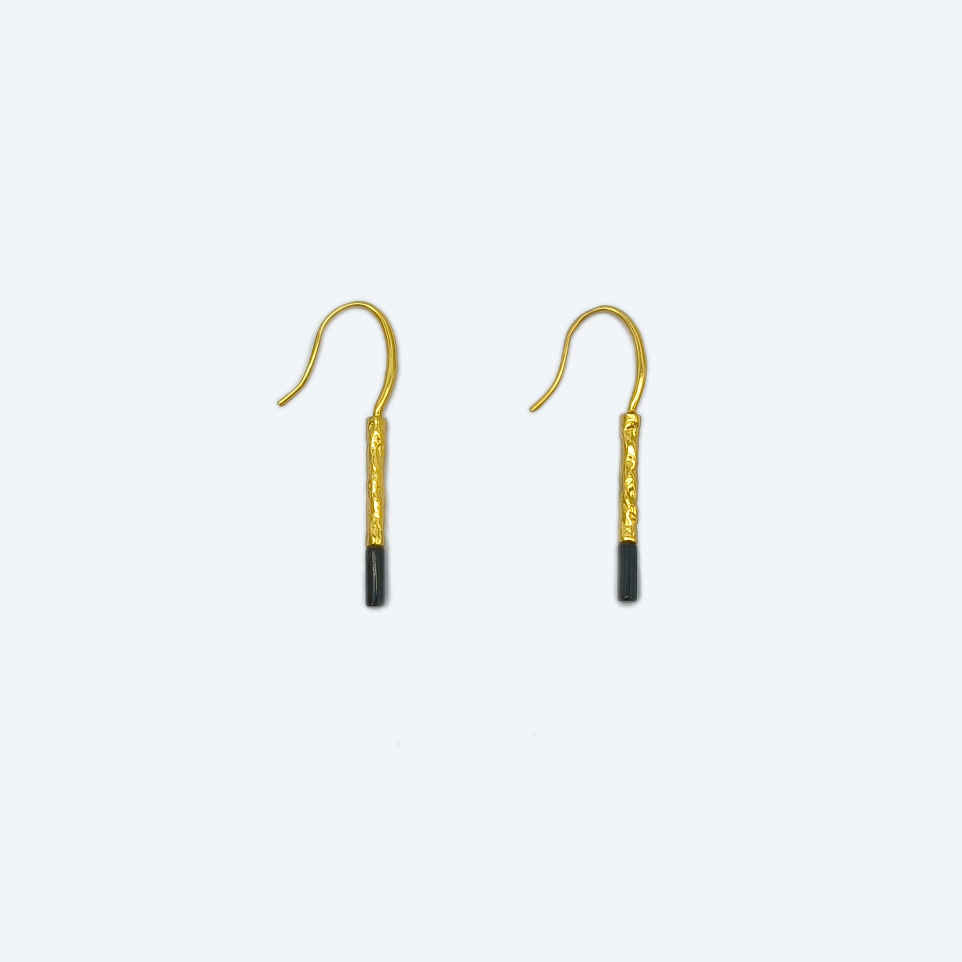 Woman's jewelry - Gold plated brass bar with black enamel hook earrings