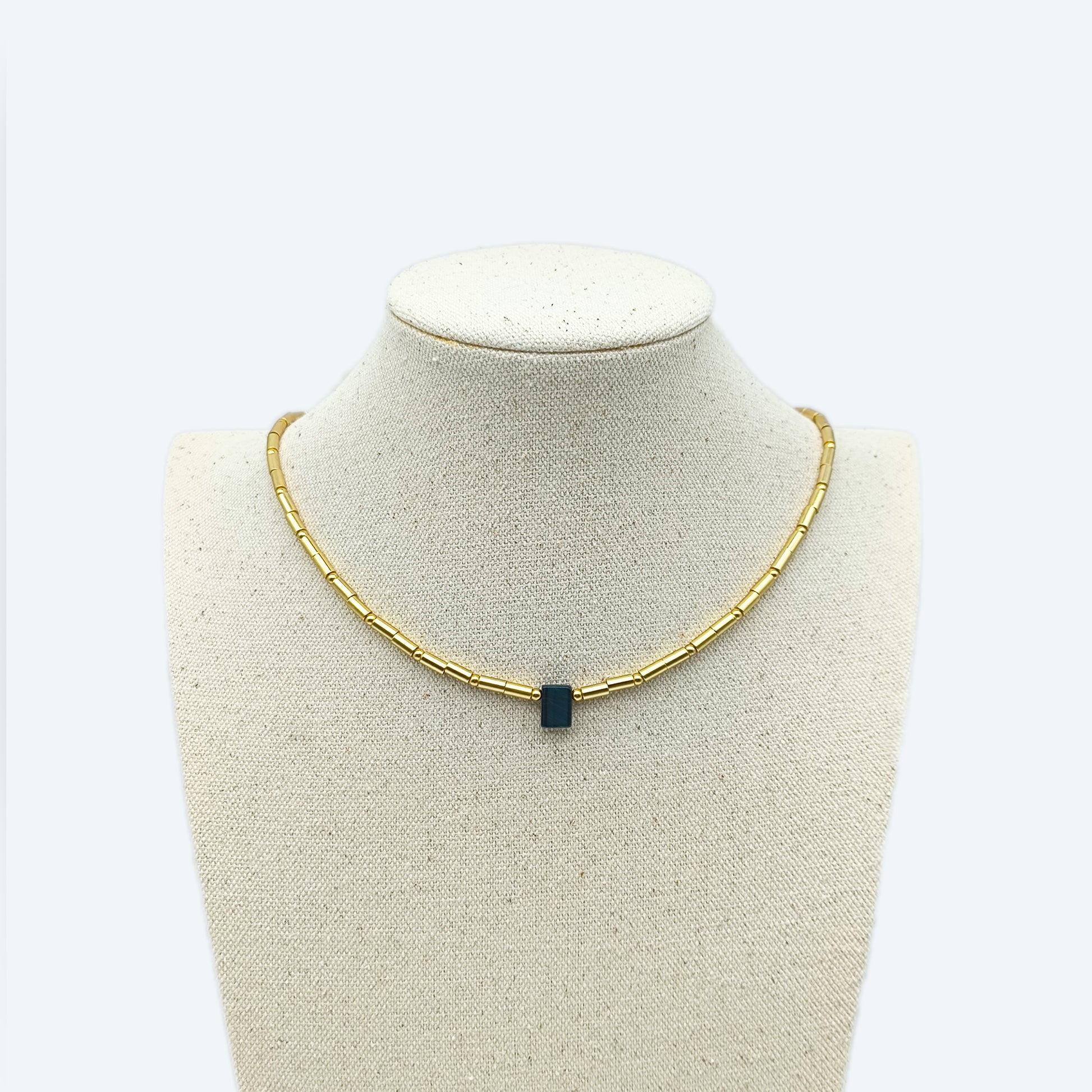 Gold plated brass pipe and rectangle lapis lazuli necklace