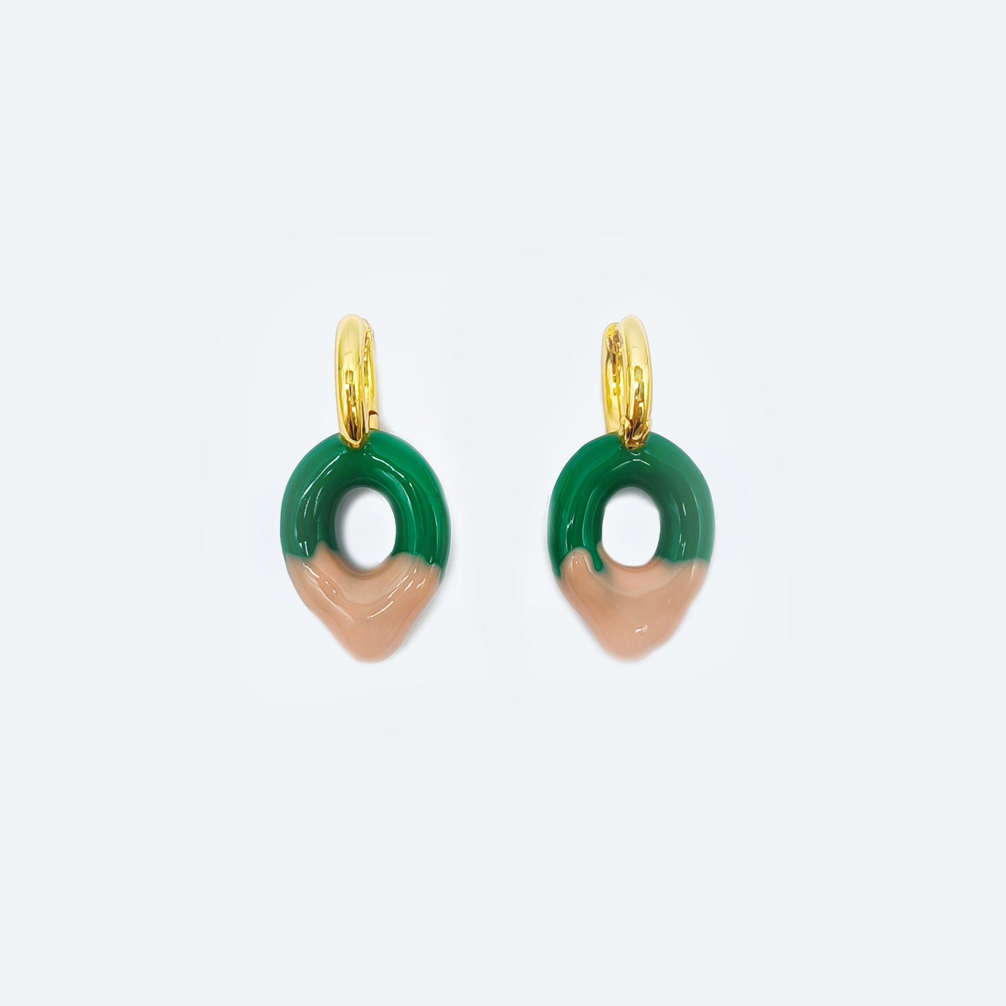 Gold plated chunky hoop with green and pink enamel earrings