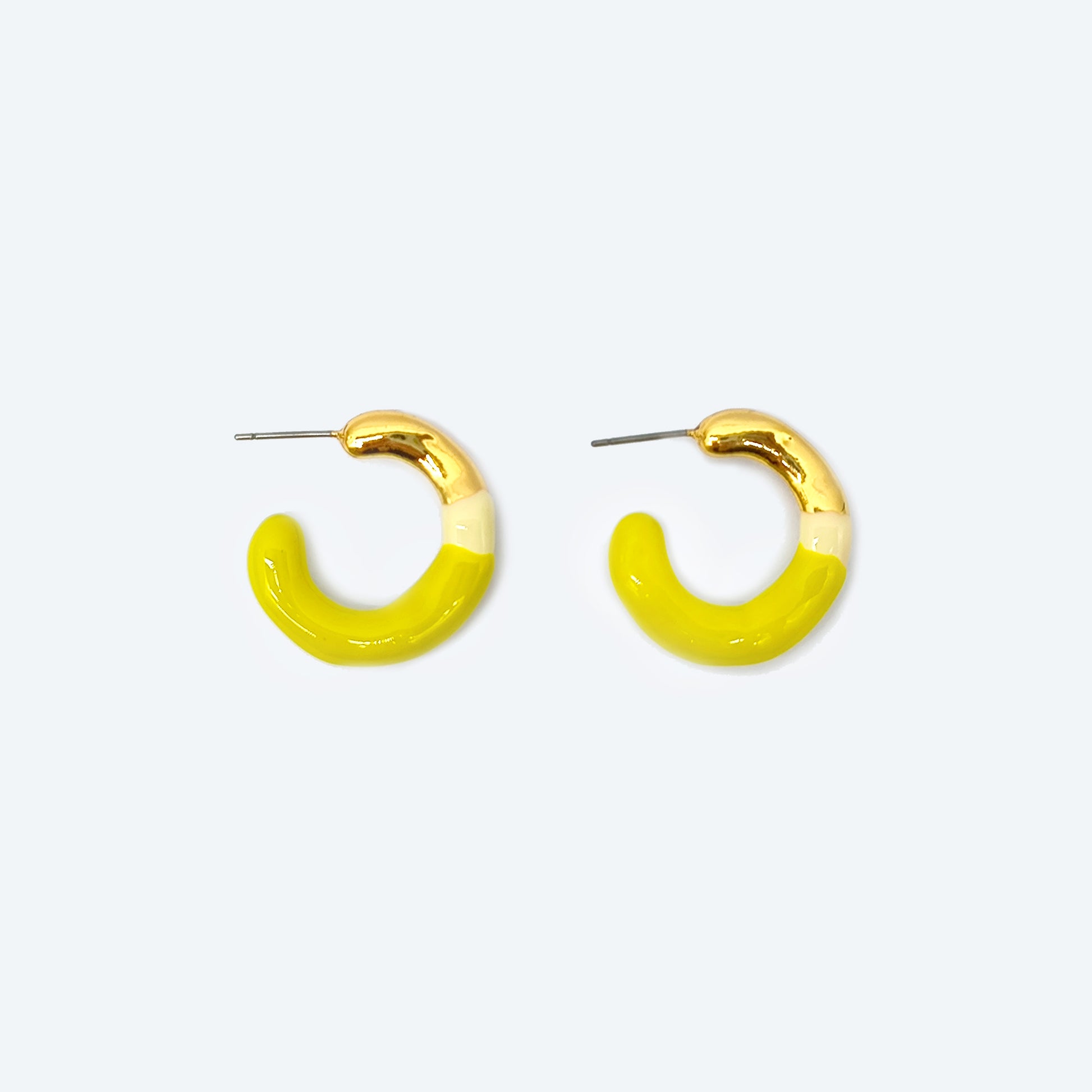 White and yellow enamel small chunky hoop stud earrings