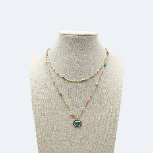 Beaded necklace set - oval pendant with green stone