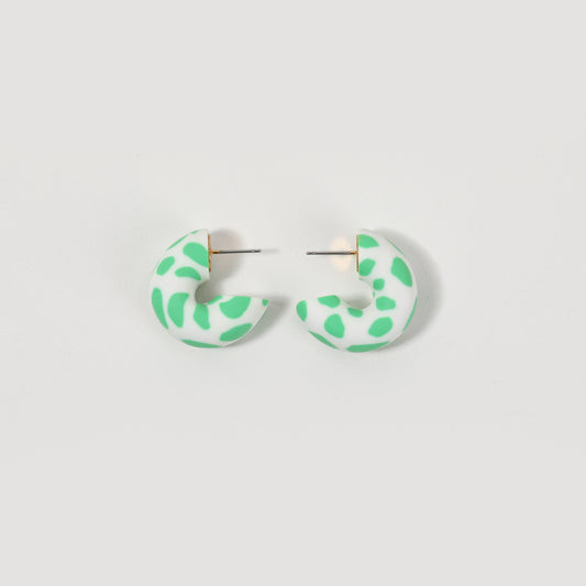 Green-and-White Spotted Polymer Clay C-shaped Stud Earrings