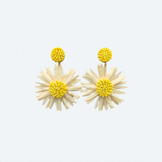 Yellow and white raffia flower earrings