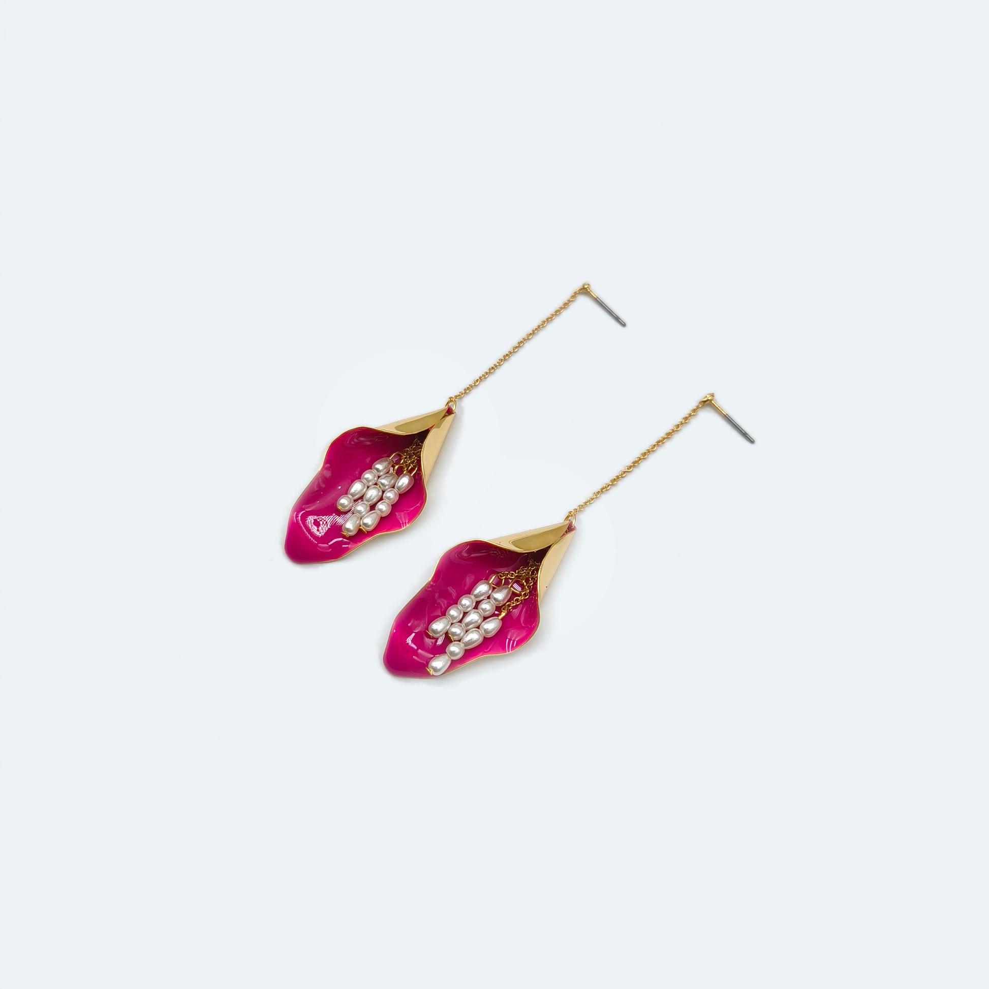 Gold and pink leaf earrings with fresh water pearl