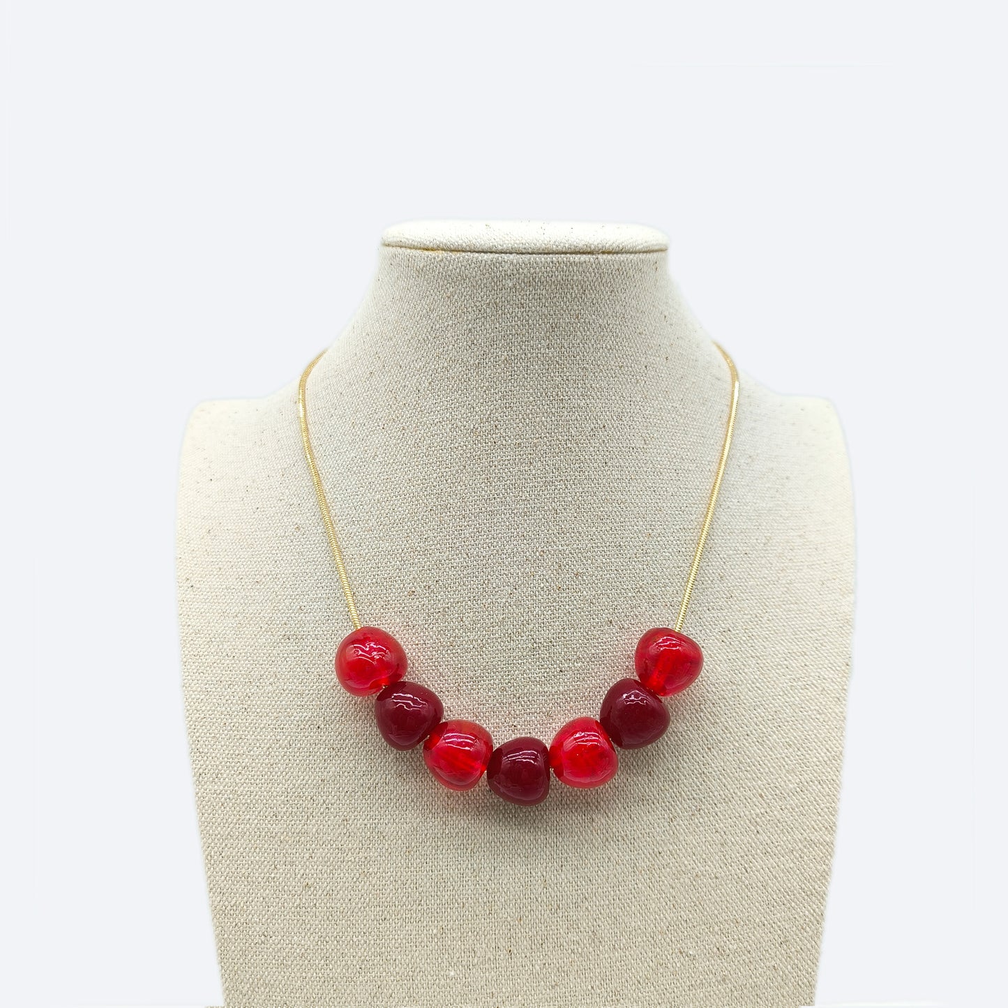 Woman's jewelry - Gold snake chain red glass cherry necklace