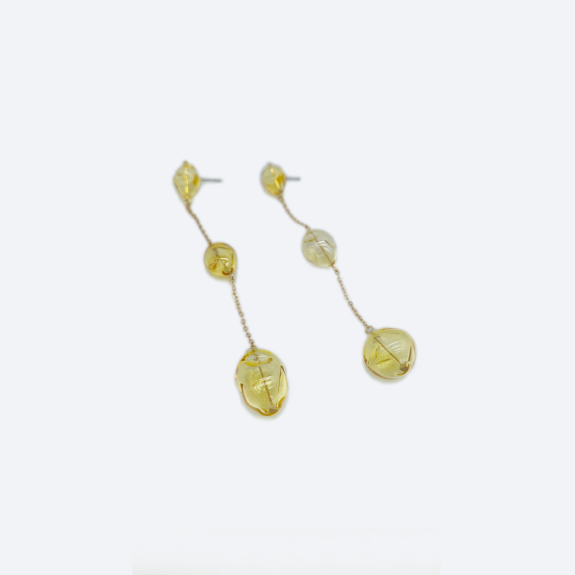 Yellow hollow sea glass long dangle gold earring