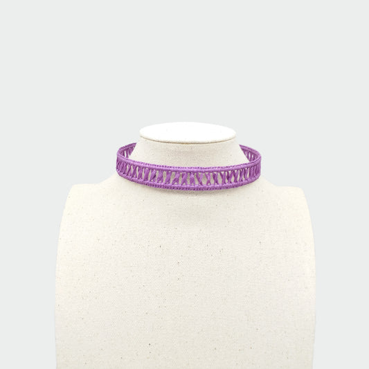 Metal choker necklace with purple raffia