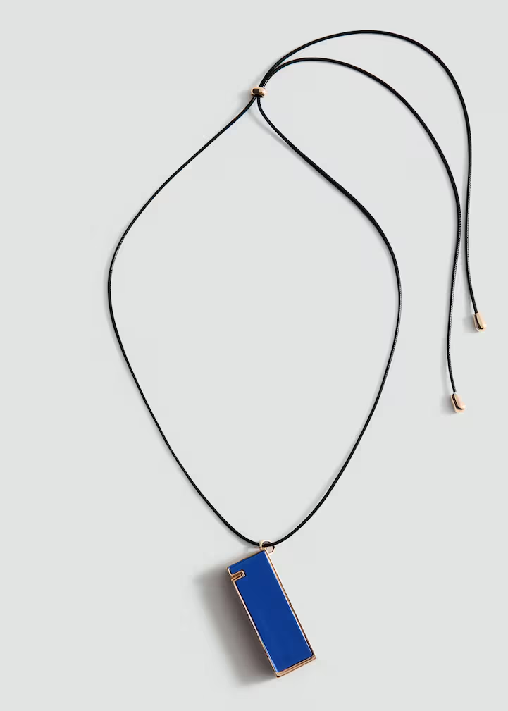 Adjustable Black Cord Bright Blue Enamel Rectangle Pendant Necklace