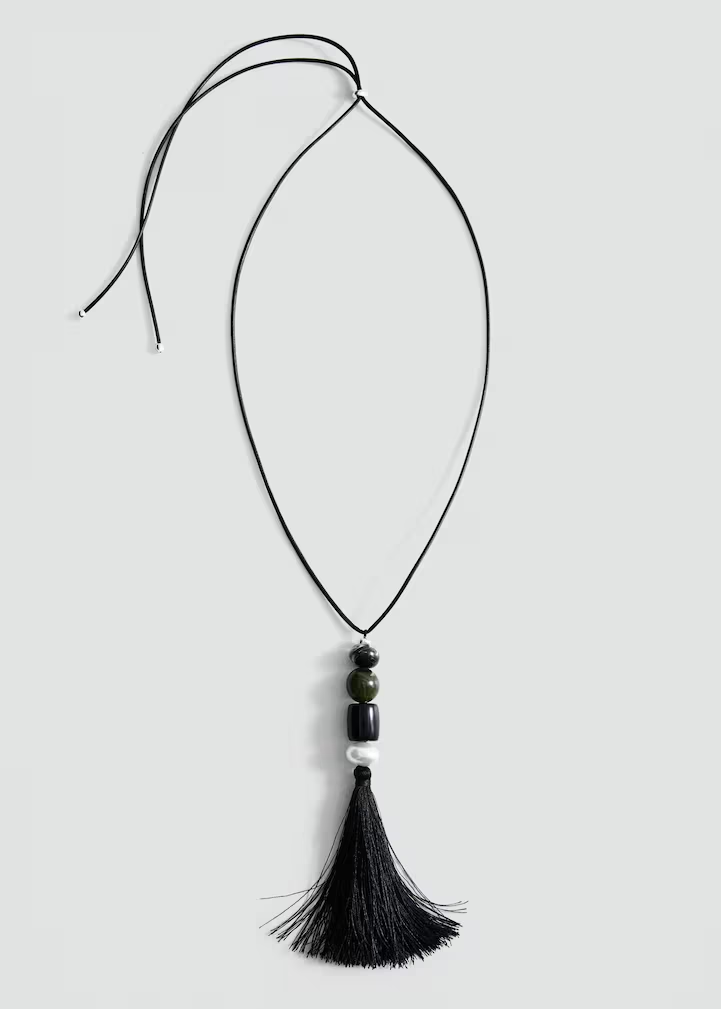 Adjustable Black Cord Multi-Stone Tassel Pendant Necklace