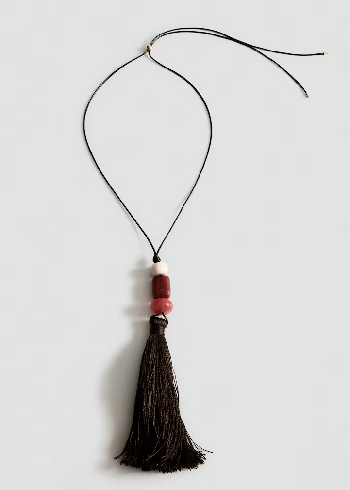 Adjustable Black Cord Red Stone Tassel Pendant Necklace