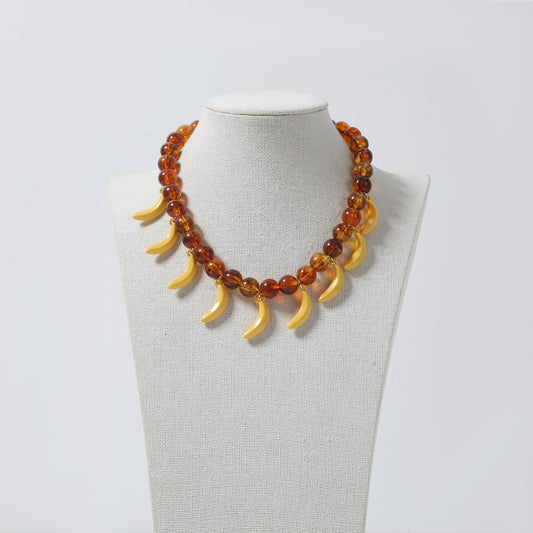 Amber Beaded & Yellow Banana Charm Necklace