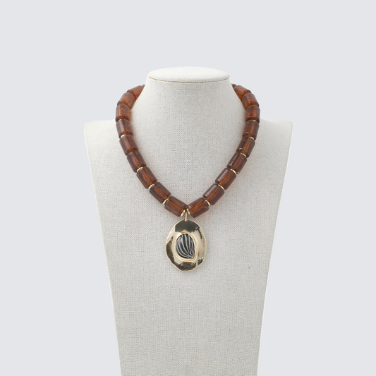 Amber Cylinder Bead & Striped Shell Pendant Necklace