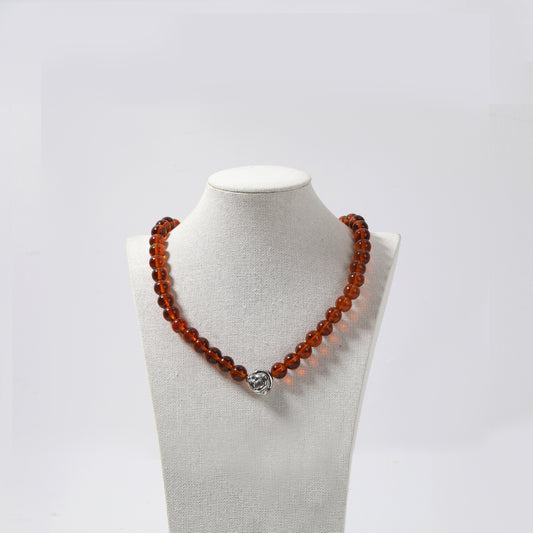Amber Round Bead Necklace with Silver Shell Pendant