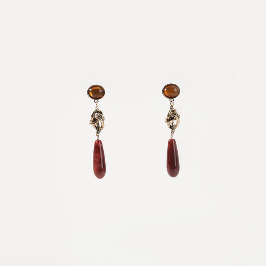 Antique gold knotted amber and red teardrop resin drop earring