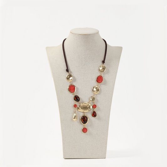 Asymmetric suede cord  with red and amber cabochons necklace