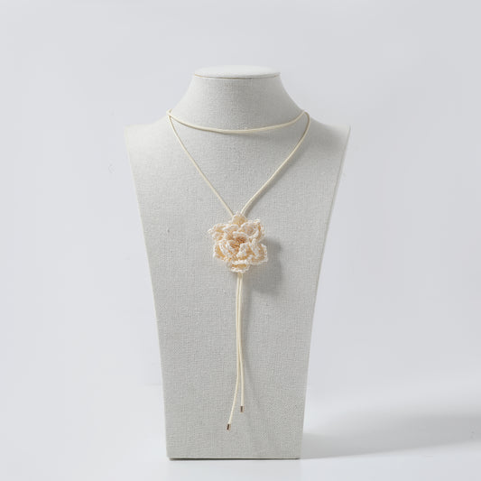 Beige Cord with Cream Crochet Flower Lariat Necklace