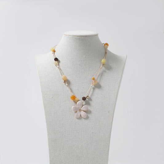 Beige Cord with Multi-Color Beads & White Enamel Flower Pendant Necklace
