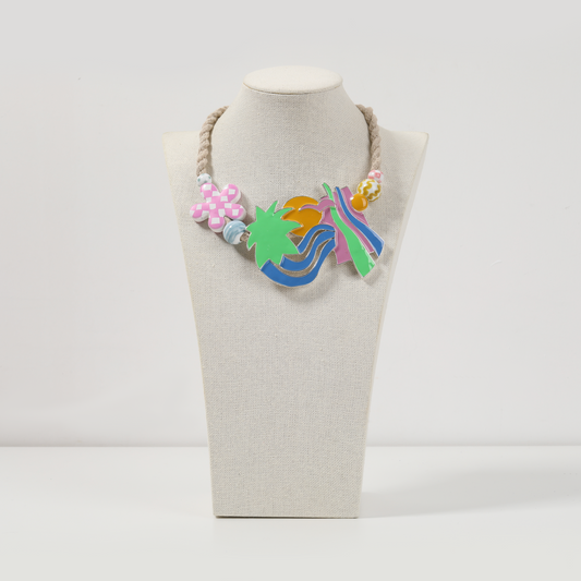 Beige Rope Colorful Art Pattern Statement Necklace